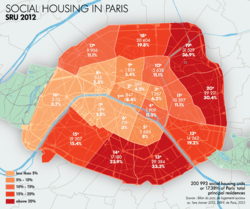 Social housing in the City of Paris, 2012 J.M. Schomburg Map of Paris showing the percentage/number of social lodgings in each of its twenty arrondissements.