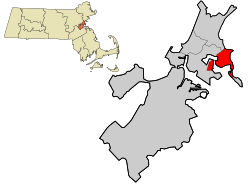 温斯罗普在沙福克县及马萨诸塞州的位置（以红色标示）