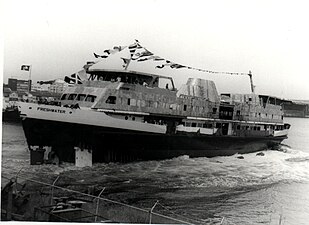 Freshwater launching at Newcastle, 1982, the first of a new class of four Manly ferries.