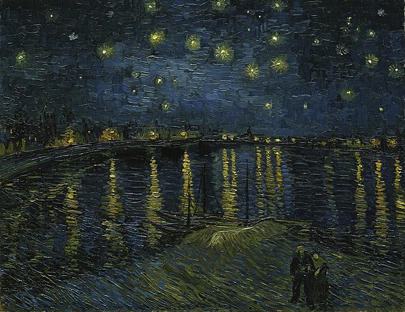 图为《罗讷河上的星夜》，是荷兰后印象派画家文森特·梵高于1888年创作的著名油画。