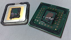AMD Athlon 64 X2 6000+ (ADA6000IAA6CZ, Windsor), having its heat spreader removed (known as decapping or delidding). This particular CPU core is soldered to the heat spreader, causing the CPU to be destroyed during the removal or making removal more difficult.