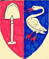 Coat of arms Graeff (ancient). The family coat of arms with the silver spade on a red (Von Graben) and silver swan on a blue background (De Grebber) was first documented in 1543 by Jan Pietersz Graeff.[7]