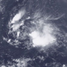 A weak and disorganized tropical storm with amorphous convection and a visible center of circulation