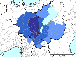 蓝色的部分是京都都市圈的范围