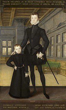 An oil on panel painting by Hans Eworth of Henry Stuart and his brother Charles Stuart in a grand interior based on a print by Hans Vreedman de Vries