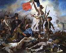 A bare-breasted woman personifying the concept of Liberty leads a group of people over a barricade and the bodies of the fallen, holding aloft the tricolour flag of France