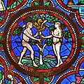 Detail of a stained glass window (12th century) in Saint-Julien cathedral - Le Mans, France