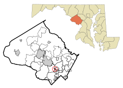 加勒特公园在蒙哥马利县及马里兰州的位置（以红色标示）