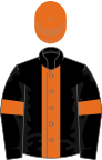 Black, orange stripe, black sleeves, orange armlets, orange cap