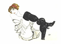 Walburga Neuzil in black stockings, 1913