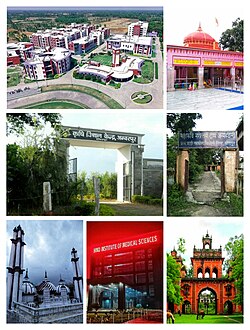 (Clockwise from top) Vidyagyan, Siddheshwer Mandir, Narottamdas Birth Place, Kasmanda State Quila, Hind Hospital, Jama Mosque, Krishi Vigyan Kendra.