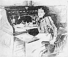 Pencil sketch of a woman in Victorian dress seated at a roll-top desk littered with papers