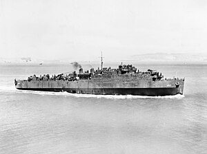 USS Belle Grove (LSD-2) undergoing sea trials in San Francisco Bay, 16 August 1943.
