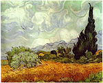 Wheat Field with Cypresses, (1889), National Gallery, London. During the summer of 1889 honoring his sister Wil's request Vincent made several smaller versions of this painting.[26]
