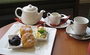 Cream tea: tea (c. 1660),[61] scones (Scots, 16th century),[62] clotted cream, raspberry jam (11th century)[63]
