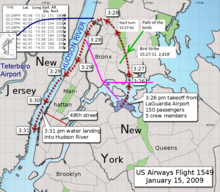 The aircraft headed approximately north after takeoff, then wheeled anti-clockwise to follow the Hudson southwards