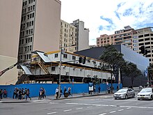 Temporary offices on a construction site on a street corner