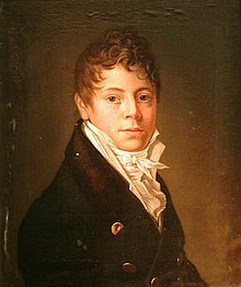 a painting of a young man with curly hair, pale visage and merry eyes; he wears a double-breasted brown coat and a white waiscoat with cravat