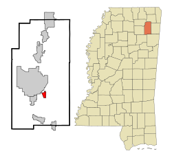 普兰特斯维尔在李县及密西西比州的位置（以红色标示）