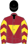 Maroon, yellow inverted triangle, yellow chevrons on sleeves, black cap
