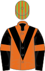 Orange, black chevron, black sleeves, orange armlets, light green and orange striped cap