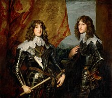 The picture consists of Charles Louis on the left and Rupert on the right, both in dark armour, standing against an open window with a billowing curtain.