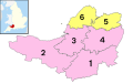 Image 5The ceremonial county immediately prior to the 2023 local government restructuring, with South Somerset (1), Somerset West and Taunton (2), Sedgemoor (3) and Mendip (4) as non-metropolitan districts (shown in pink), and just Bath and North East Somerset (5), and North Somerset (6) as unitary authorities (shown in yellow). (from Somerset)