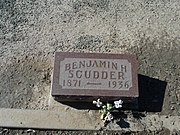 Grave site of Benjamin Harrison (1871-1936) and Rebecca Scudder . The Scudders moved from Indiana to Tempe, Arizona. Benjamin Scudder became a school teacher and eventually was elected to the City Council. Both he and his wife are credited with the development of affordable housing in the region. Two of their houses are listed in the National Register of Historic Places. Scudder is buried in sec. 4–1–1.