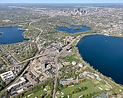 West Maka Ska (middle/bottom) with Bde Maka Ska on right and Minneapolis in the background