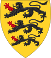Or, three lions passant sable, dexter fore-legs gules