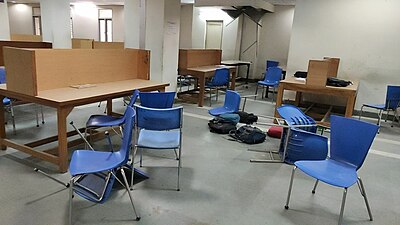 Belongings of students and chair in reading hall after the police attack on the evening of 15 December 2019.