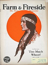 Magazine cover depicting a Native American woman in long braids wearing a fringed and beaded buckskin dress and a beaded headband in front of a large round sun-like ball.