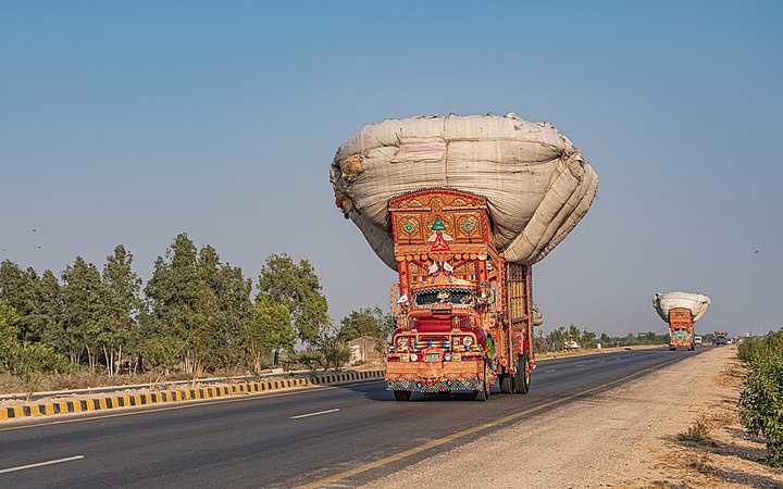 一辆辆装饰过的卡车行驶在巴基斯坦的信德省，展现出南亚卡车艺术