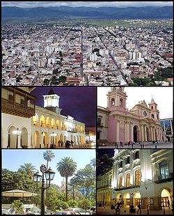 Clockwise from top left: view of the city from top of San Bernardo Hill; Cathedral of Salta; Victoria Theatre; Ninth of July Plaza; and Colonial Cabildo