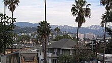 View of Verdugo Mountains in the distance, with buildings and palm trees in the foreground