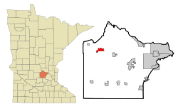 安嫩代尔在赖特县及明尼苏达州的位置（以红色标示）