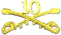 A computer-generated reproduction of the insignia of the Union Army 10th Regiment cavalry branch: The insignia is displayed in gold and consists of two sheafed swords crossing over each other at a 45°-angle pointing upwards with a Roman numeral 10