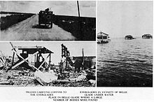 Three images. One shows a vehicle carrying away caskets and the others show flooding and destroyed homes