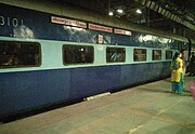 A blue ICF coach used on the Gorakdham Express