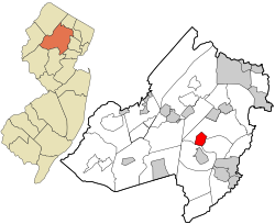 Location of Morris Plains in Morris County highlighted in red (right). Inset map: Location of Morris County in New Jersey highlighted in orange (left).