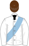 White, light blue sash, brown cap