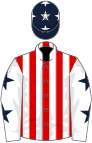 Red and white stripes, white sleeves, dark blue stars, dark blue cap, white stars