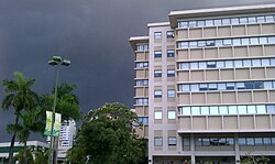 Storm clouds over condos in Pueblo Viejo barrio