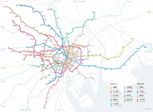 Map of Tokyo Metro and Toei Subway rail lines in Tokyo.