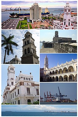 从上至下、由左至右：韦拉克鲁斯港、韦拉克鲁斯主教座堂、圣胡安古堡、卡兰萨灯塔、市政厅、韦拉克鲁斯码头、韦拉克鲁斯海景