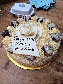 A round decorated cake with 18 unlit candles and "Happy 18th Birthday Anna Sophia" written in icing.