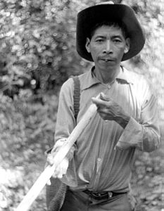 A Jakaltek Maya holds a clay pellet between his lips as he prepares to insert it into his blowgun in Guatemala.