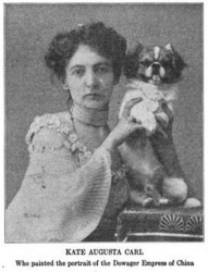 Kate Augusta Carl and a small dog, from a 1905 publication.