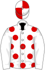 White, red spots on body, quartered cap
