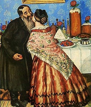 Boris Kustodiev's Easter Greetings (1912) shows traditional Russian khristosovanie (exchanging a triple kiss of peace), with such foods as Easter eggs, kulich and a white, triangular cheese paskha in the background